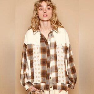 NEW LADIES SIZE S POL BROWN PLAID STARS LONG SLEEVE BUTTON FRONT TOP GWJ66
